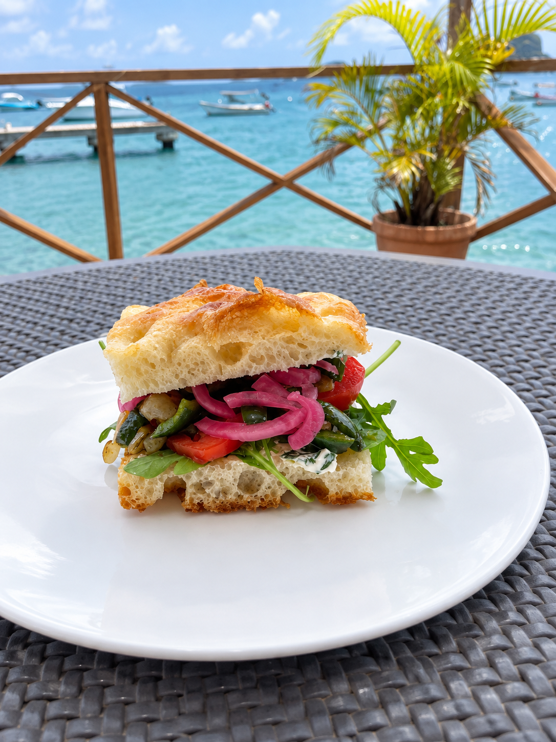 Lunch on a table beside the water, with boats moored in the bay beyond