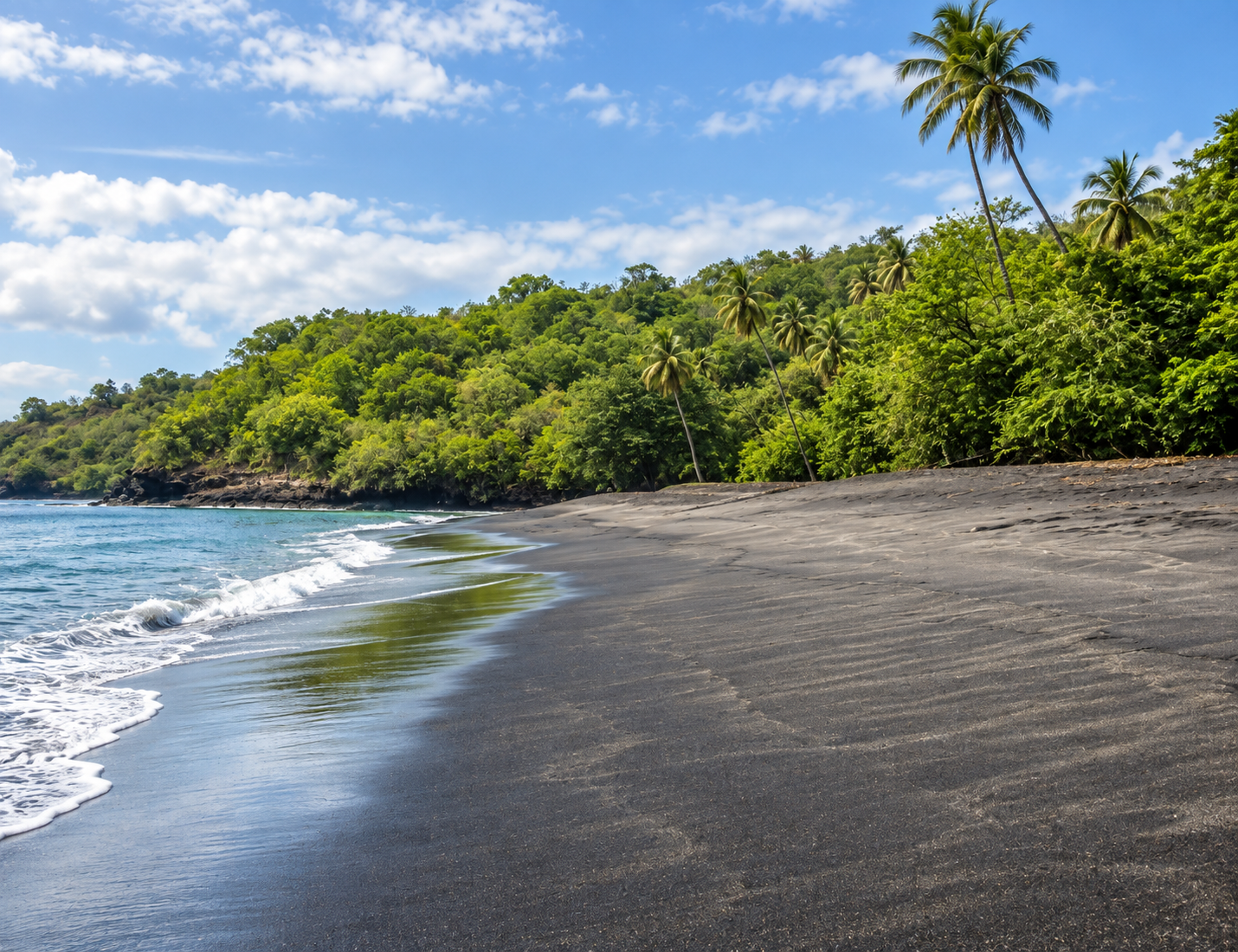 Black-sand beach with palm trees, lush green hills and turquoise Caribbean water