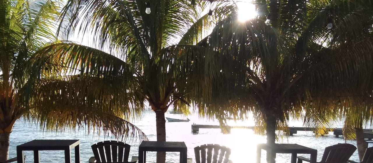 A view of the ocean from an outdoor restaurant.